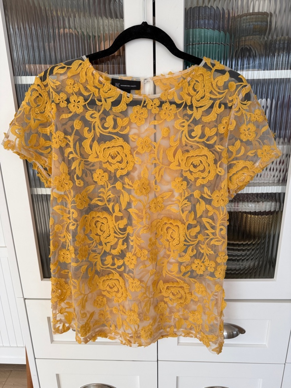 INC International Concepts Mustard Yellow Floral Lace Overlay Top